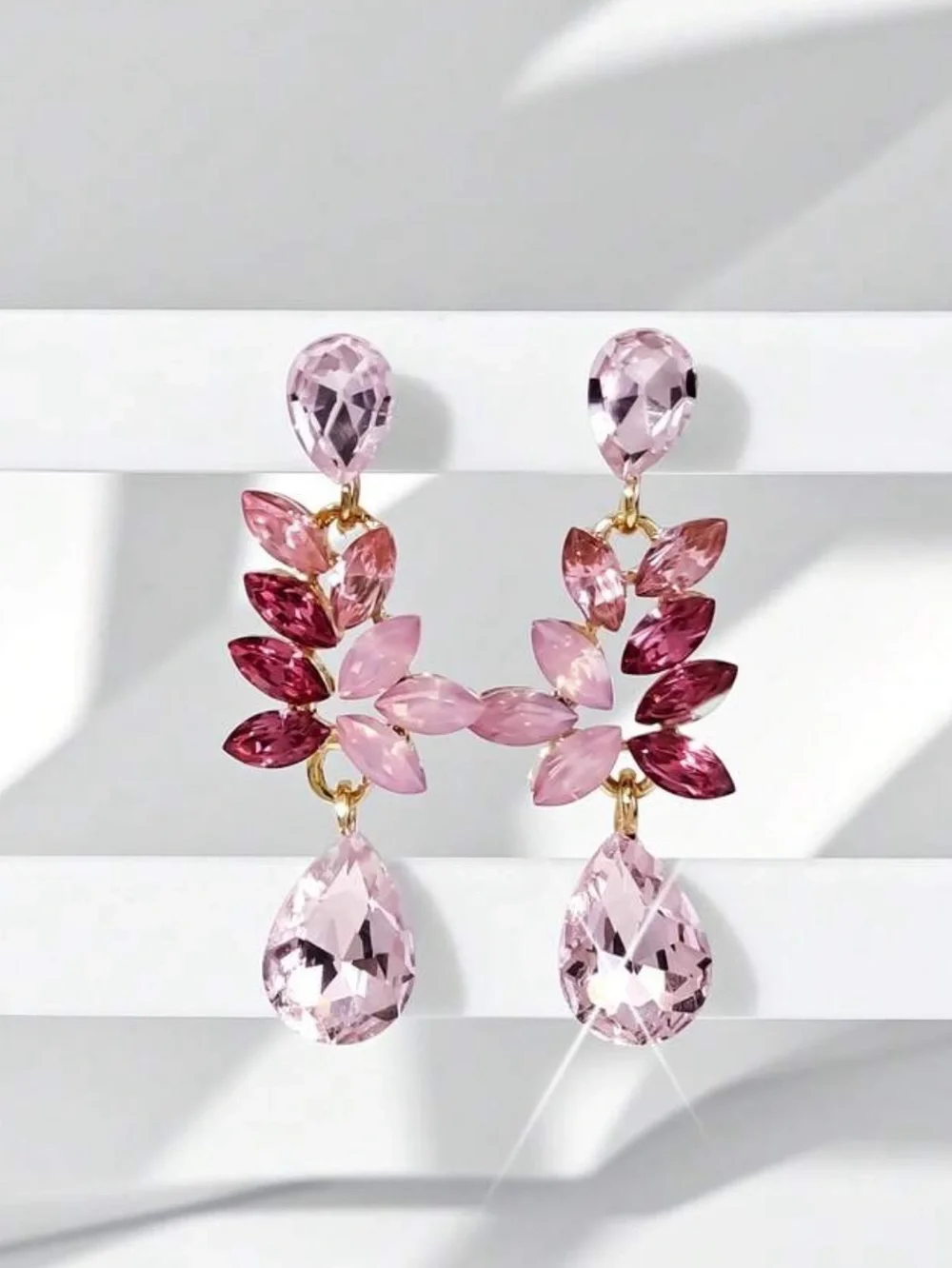 Elegant Pink Teardrop Crystal Leaf Earrings
